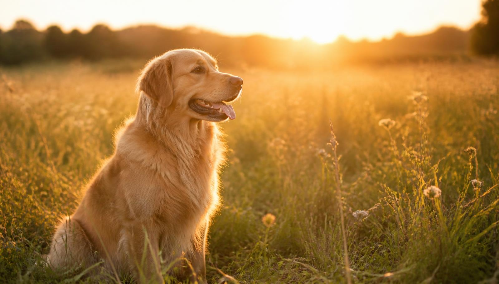Golden Retriever assis calmement dans une prairie ensoleillée