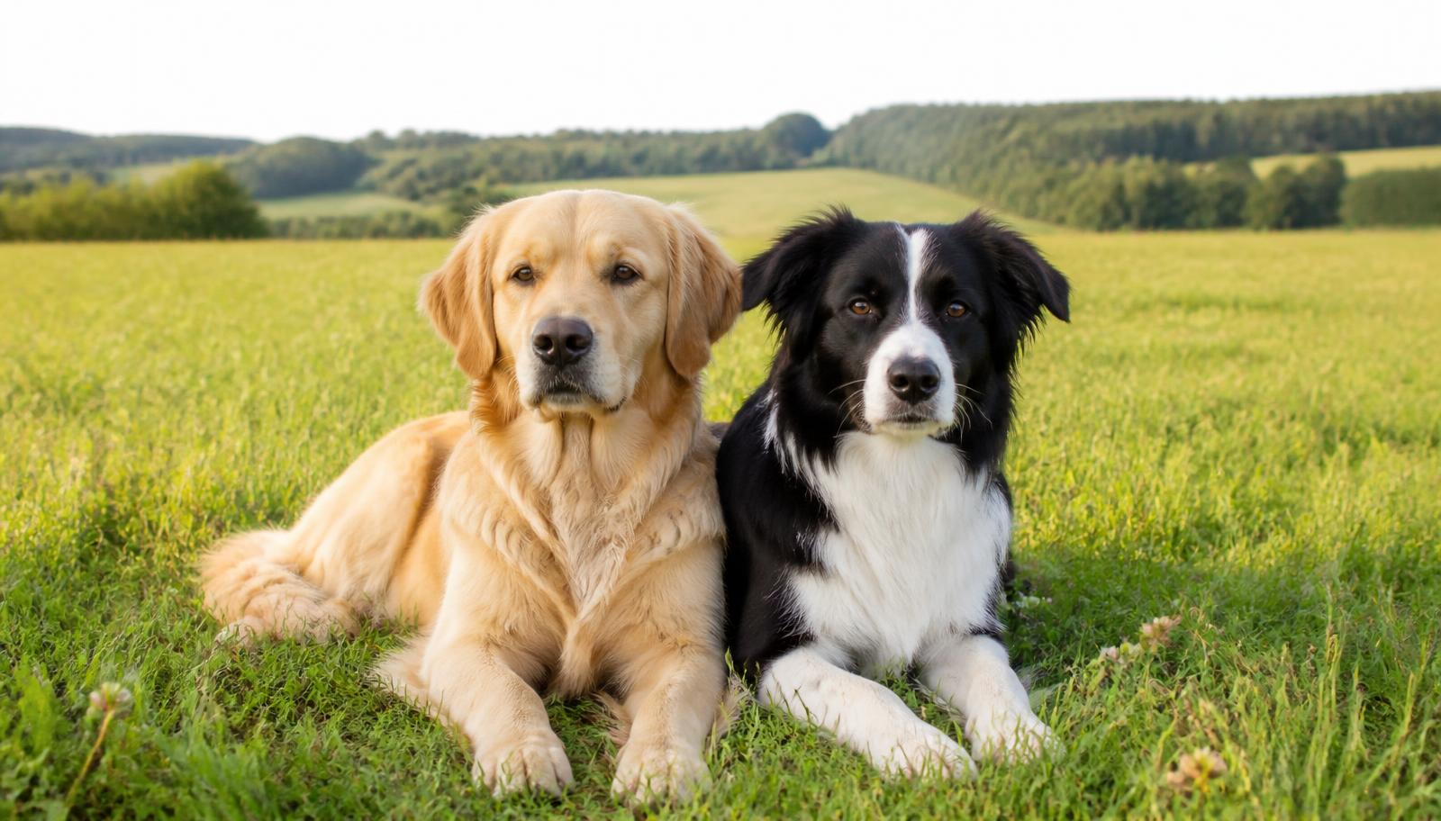 Éducateur canin agenouillé dans une prairie, en interaction complice avec un chien